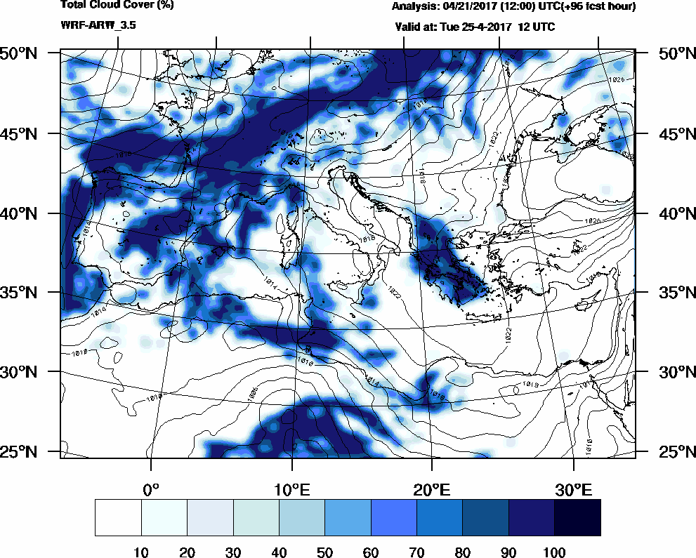 Total cloud cover (%) - 2017-04-25 06:00