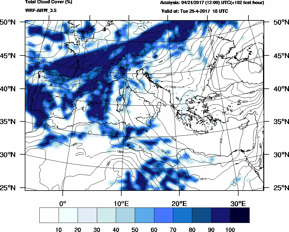 Total cloud cover (%) - 2017-04-25 12:00