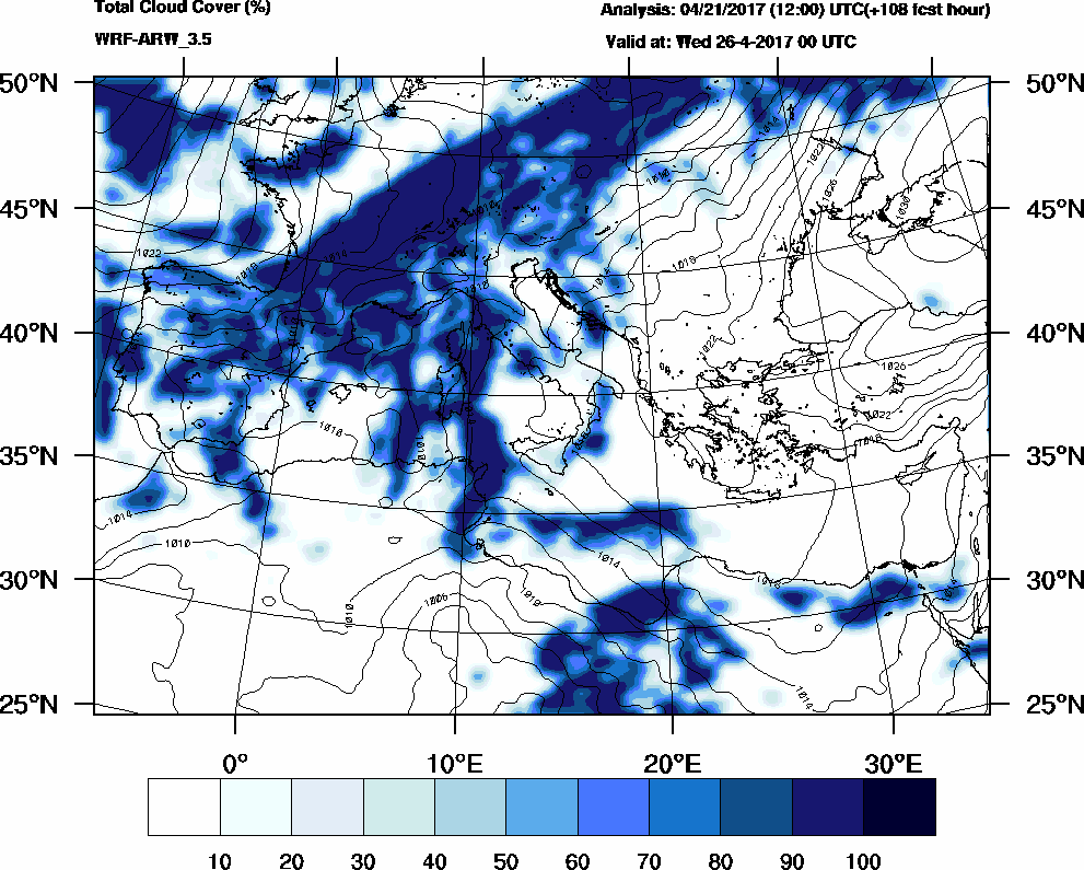 Total cloud cover (%) - 2017-04-25 18:00