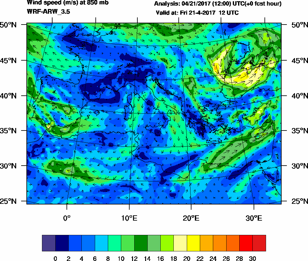 Wind speed (m/s) at 850 mb - 2017-04-21 12:00