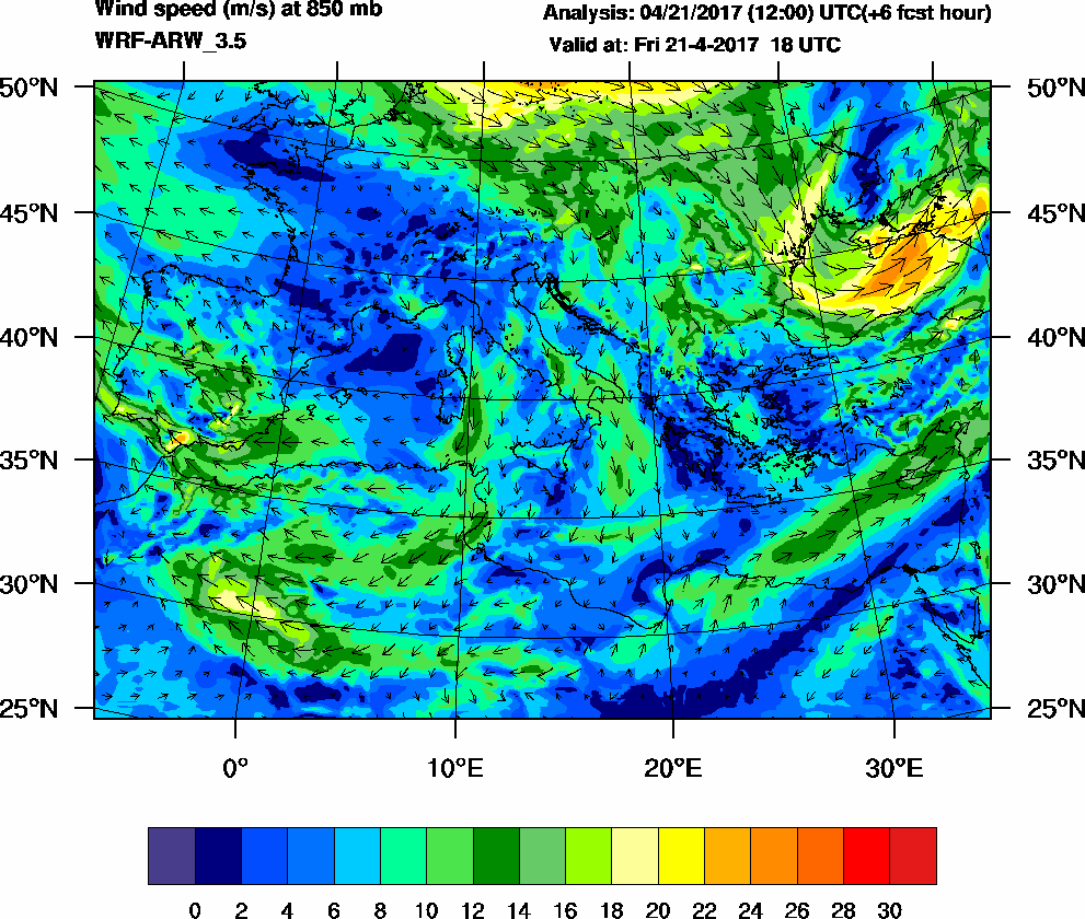 Wind speed (m/s) at 850 mb - 2017-04-21 18:00