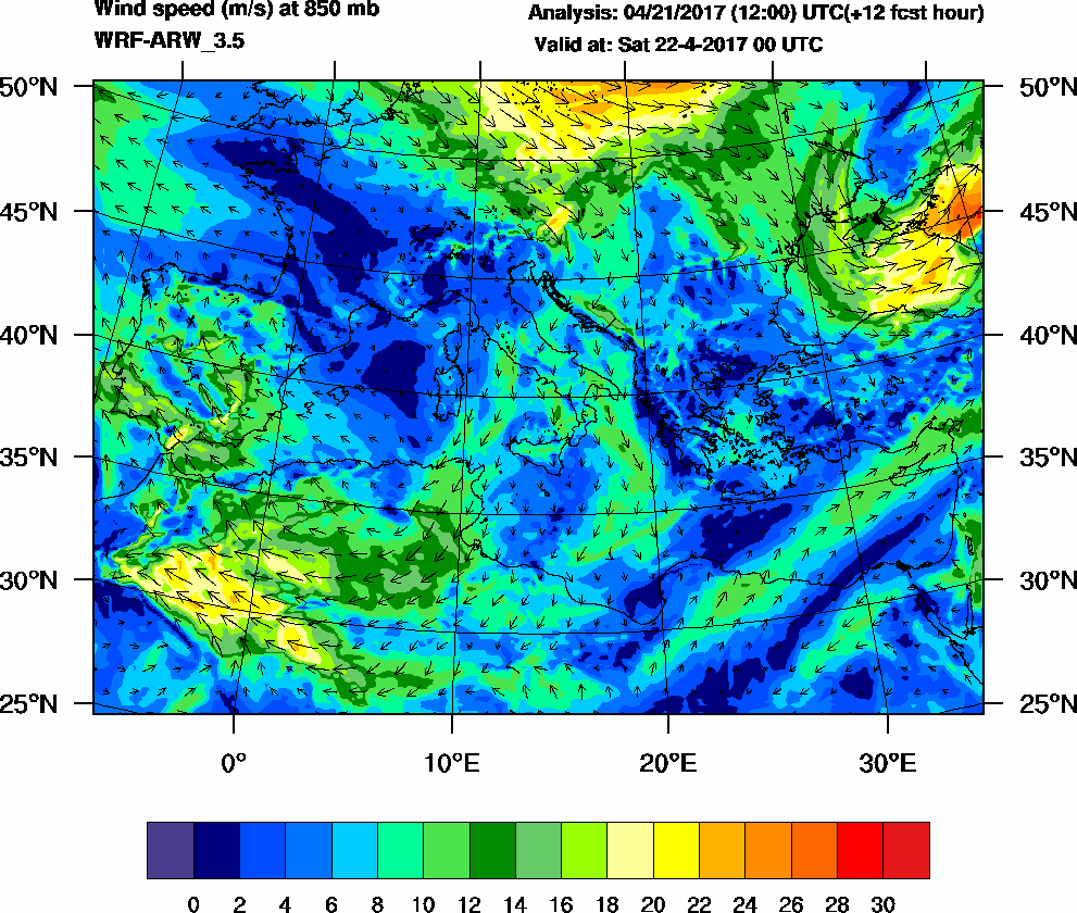 Wind speed (m/s) at 850 mb - 2017-04-22 00:00