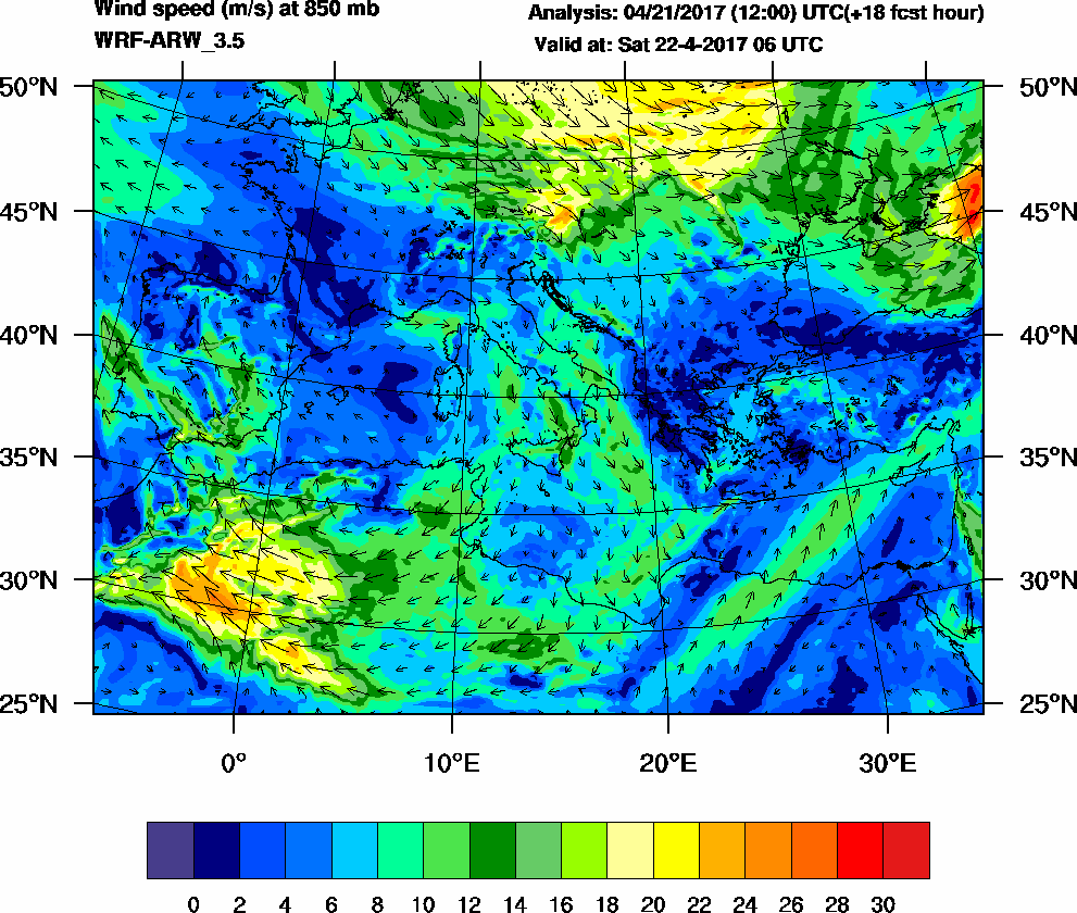 Wind speed (m/s) at 850 mb - 2017-04-22 06:00