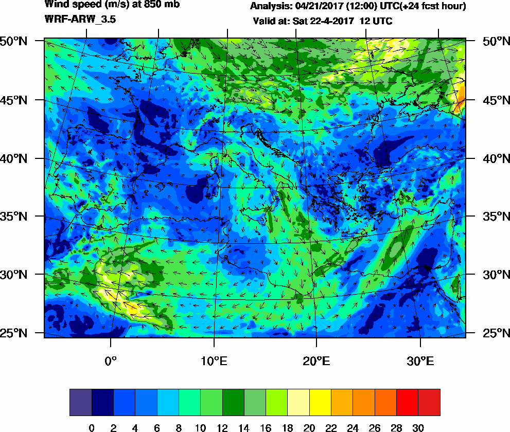 Wind speed (m/s) at 850 mb - 2017-04-22 12:00