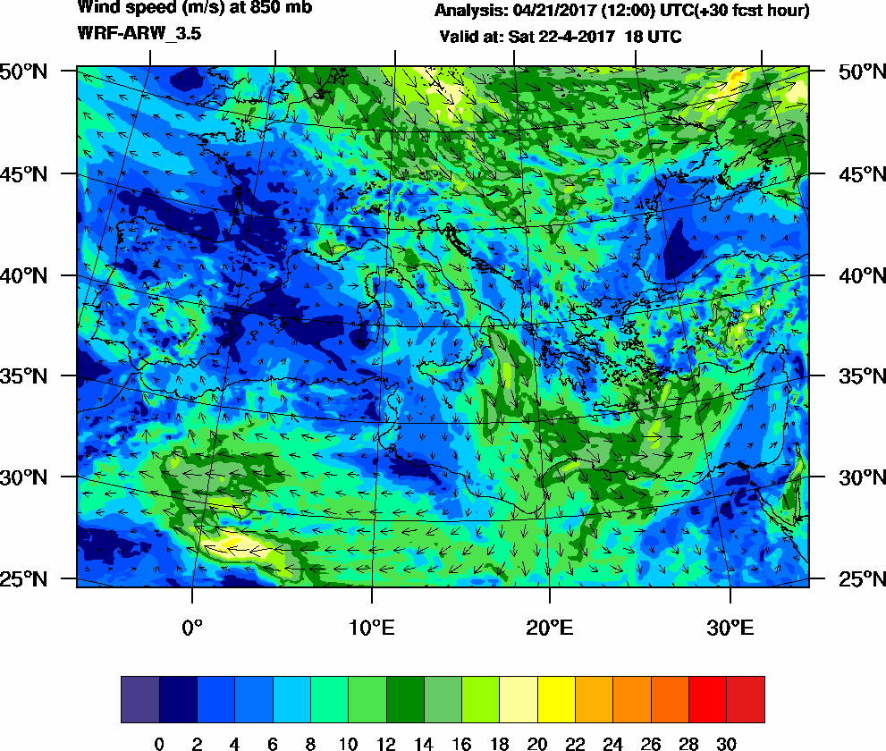 Wind speed (m/s) at 850 mb - 2017-04-22 18:00