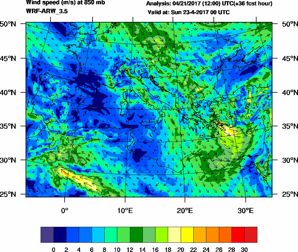 Wind speed (m/s) at 850 mb - 2017-04-23 00:00