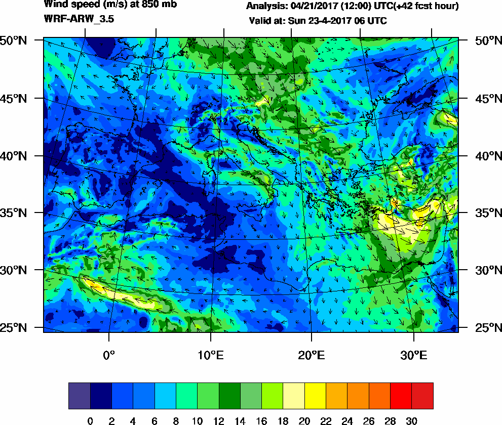 Wind speed (m/s) at 850 mb - 2017-04-23 06:00