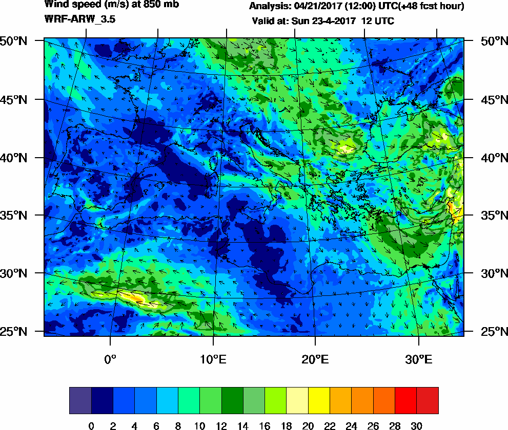 Wind speed (m/s) at 850 mb - 2017-04-23 12:00