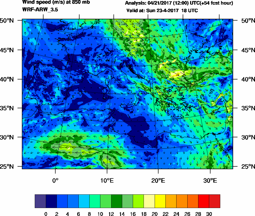 Wind speed (m/s) at 850 mb - 2017-04-23 18:00