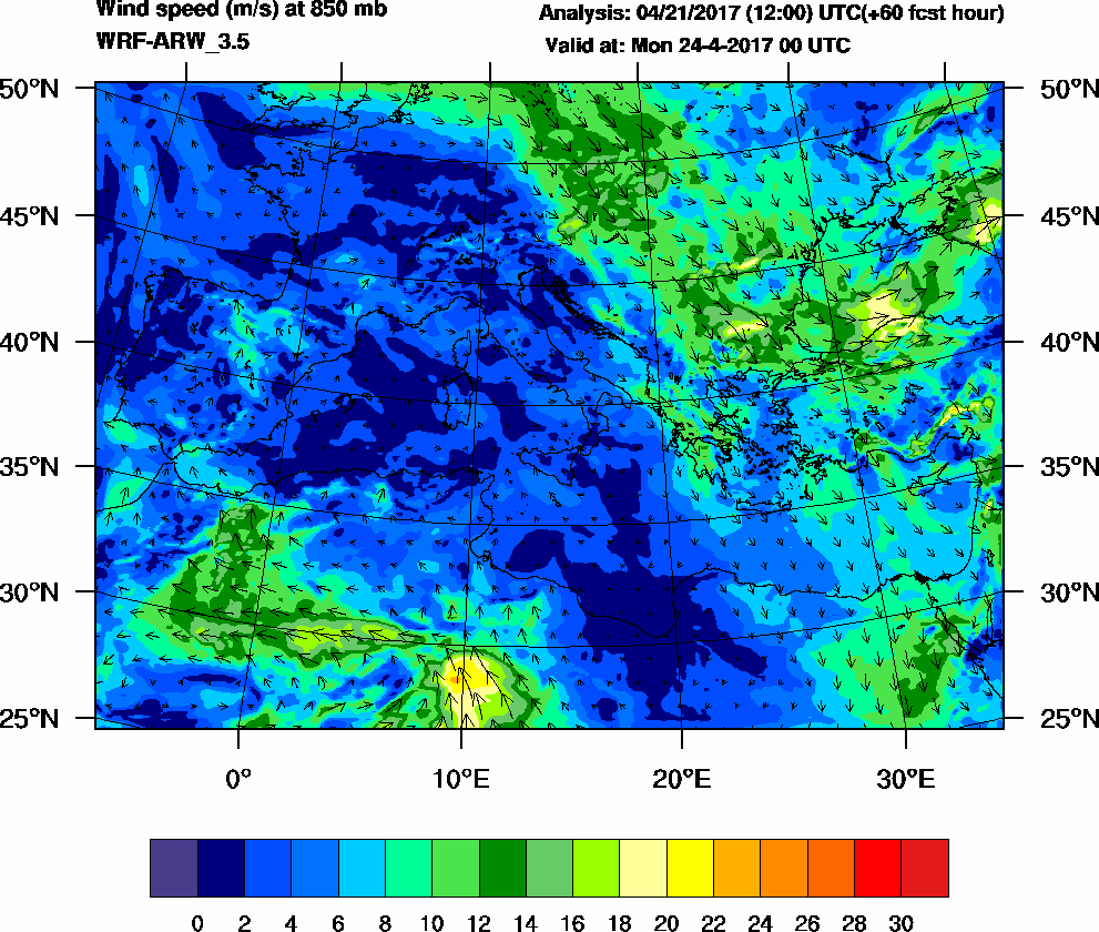 Wind speed (m/s) at 850 mb - 2017-04-24 00:00