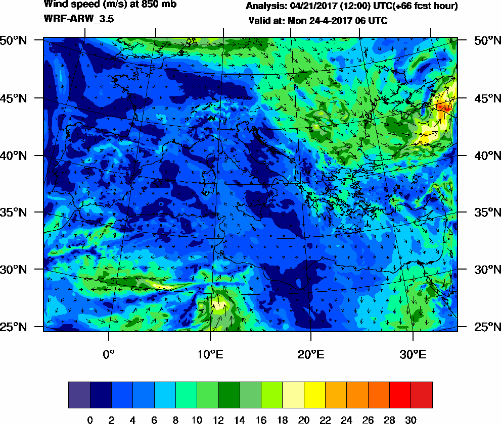 Wind speed (m/s) at 850 mb - 2017-04-24 06:00