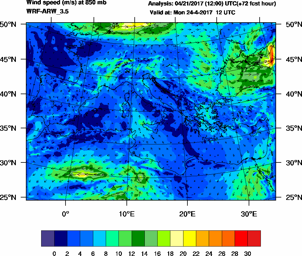 Wind speed (m/s) at 850 mb - 2017-04-24 12:00