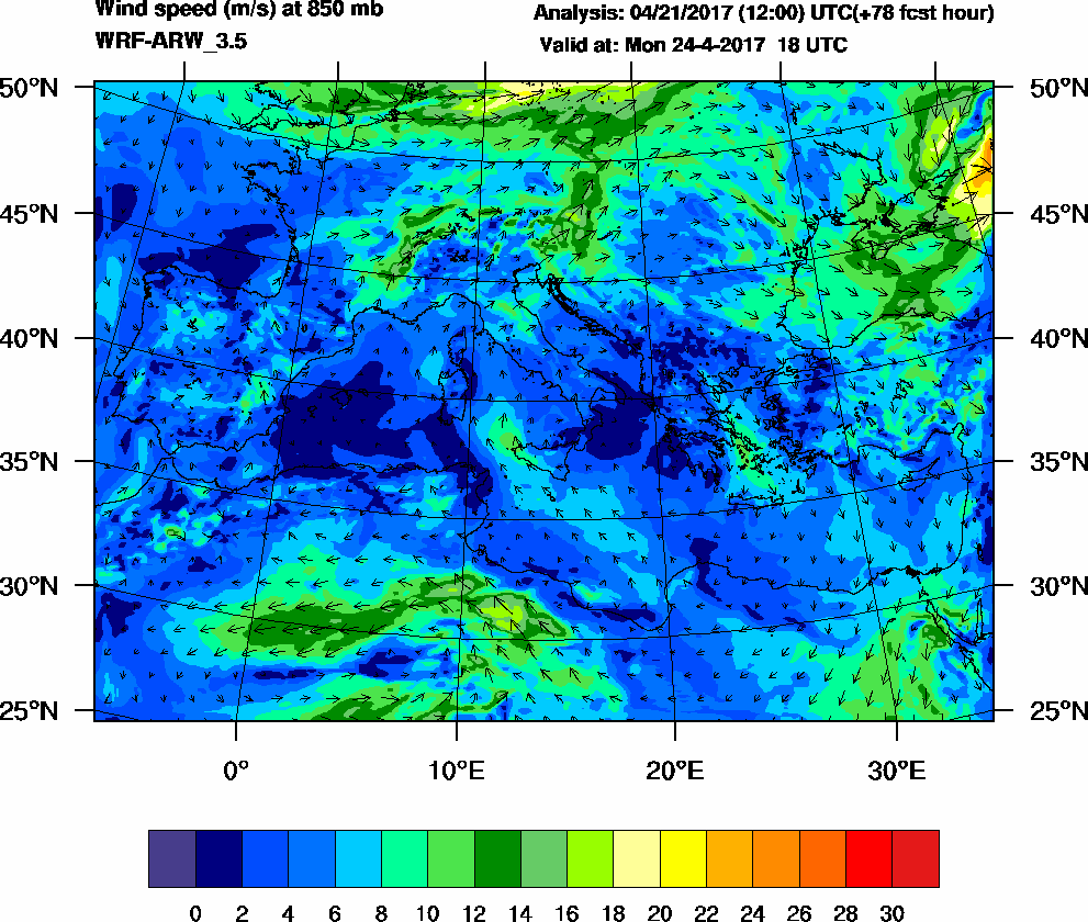 Wind speed (m/s) at 850 mb - 2017-04-24 18:00