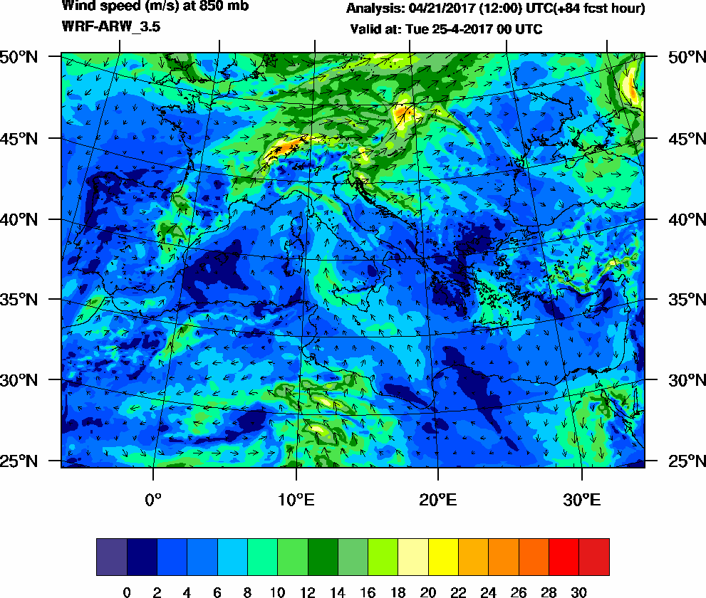 Wind speed (m/s) at 850 mb - 2017-04-25 00:00