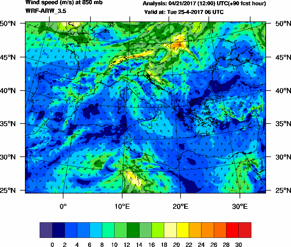 Wind speed (m/s) at 850 mb - 2017-04-25 06:00