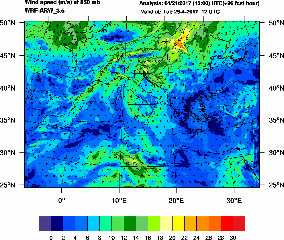 Wind speed (m/s) at 850 mb - 2017-04-25 12:00