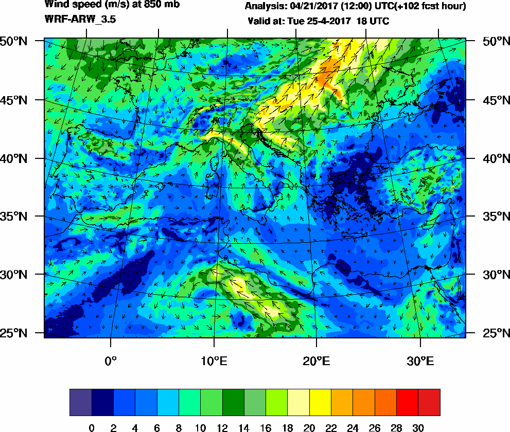 Wind speed (m/s) at 850 mb - 2017-04-25 18:00