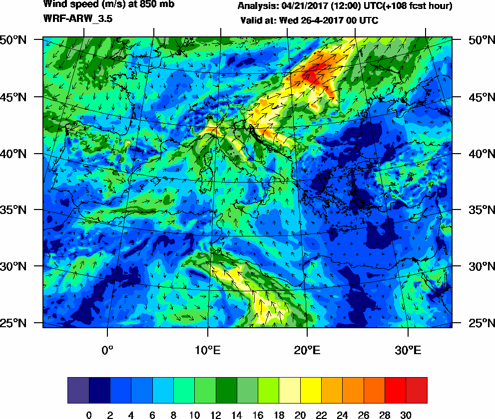 Wind speed (m/s) at 850 mb - 2017-04-26 00:00