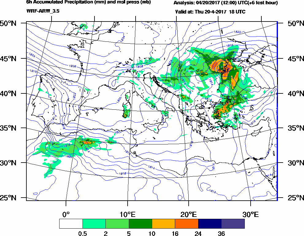 6h Accumulated Precipitation (mm) and msl press (mb) - 2017-04-20 12:00