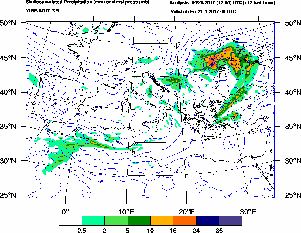 6h Accumulated Precipitation (mm) and msl press (mb) - 2017-04-20 18:00