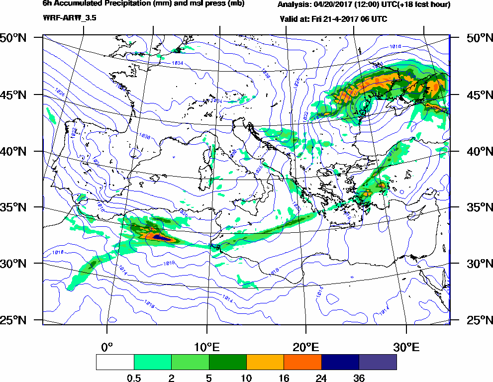 6h Accumulated Precipitation (mm) and msl press (mb) - 2017-04-21 00:00