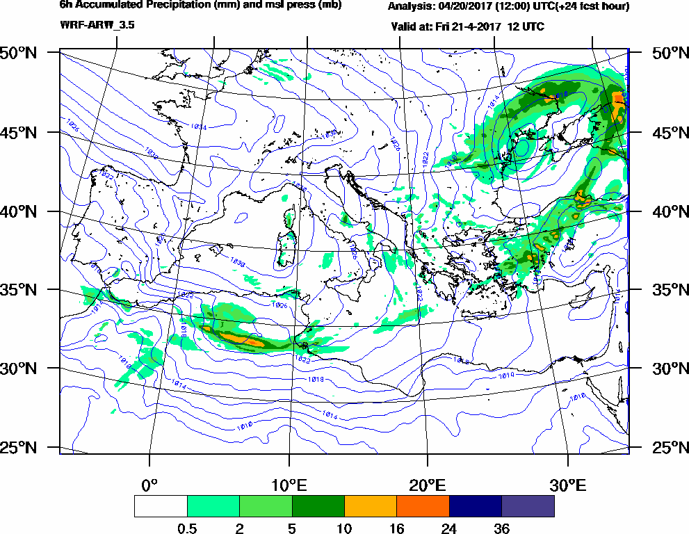 6h Accumulated Precipitation (mm) and msl press (mb) - 2017-04-21 06:00