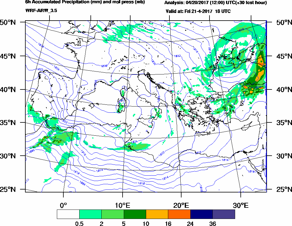 6h Accumulated Precipitation (mm) and msl press (mb) - 2017-04-21 12:00