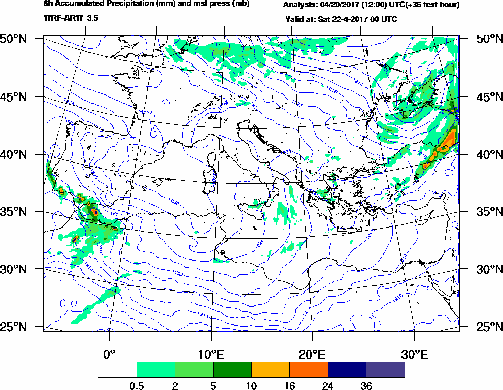 6h Accumulated Precipitation (mm) and msl press (mb) - 2017-04-21 18:00