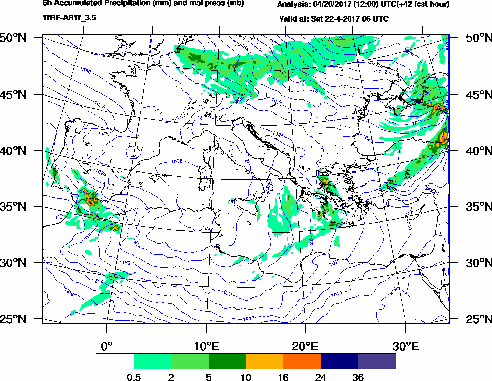 6h Accumulated Precipitation (mm) and msl press (mb) - 2017-04-22 00:00