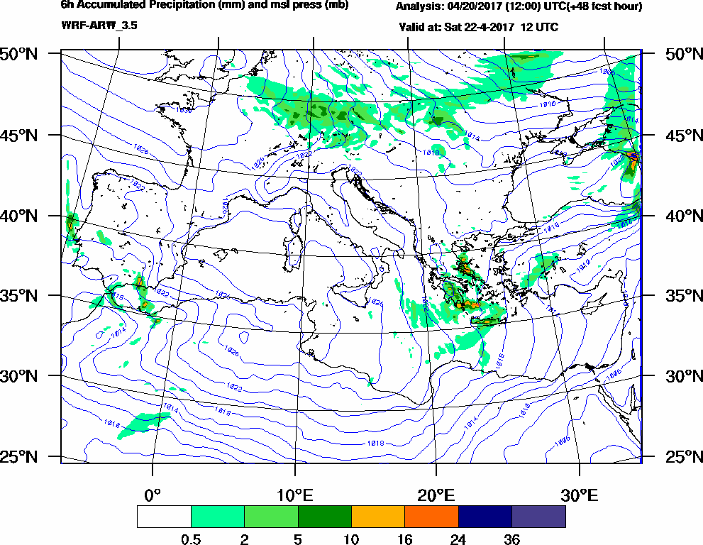 6h Accumulated Precipitation (mm) and msl press (mb) - 2017-04-22 06:00