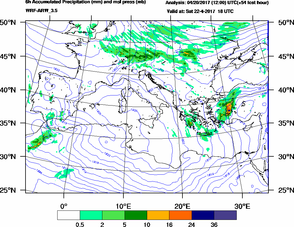 6h Accumulated Precipitation (mm) and msl press (mb) - 2017-04-22 12:00