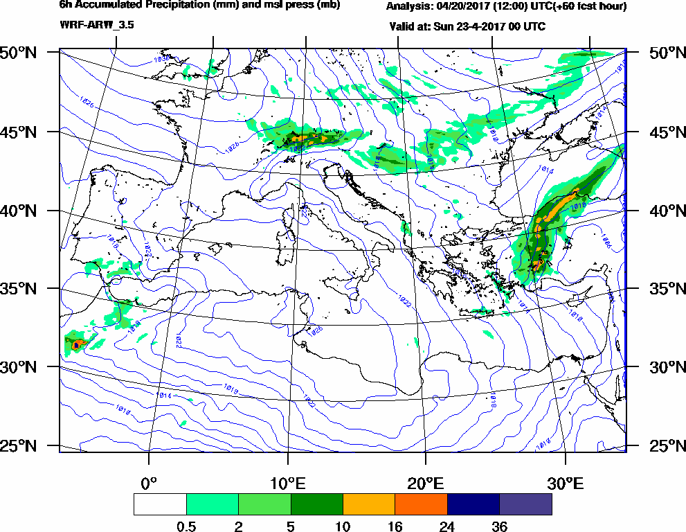 6h Accumulated Precipitation (mm) and msl press (mb) - 2017-04-22 18:00