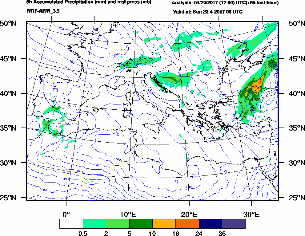 6h Accumulated Precipitation (mm) and msl press (mb) - 2017-04-23 00:00