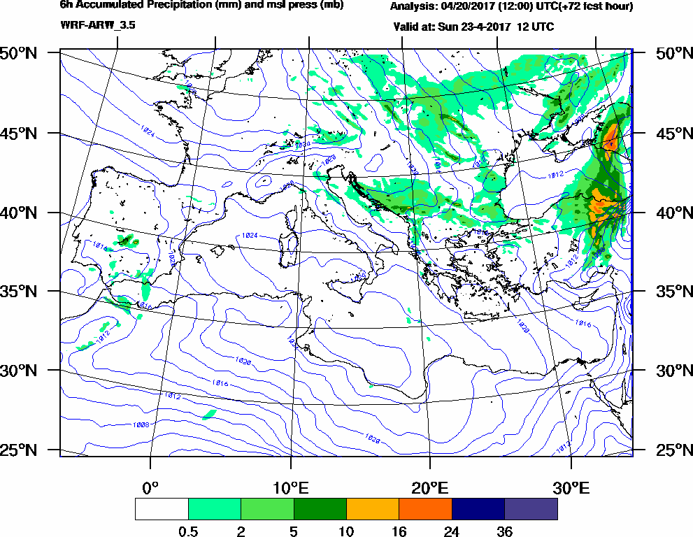 6h Accumulated Precipitation (mm) and msl press (mb) - 2017-04-23 06:00