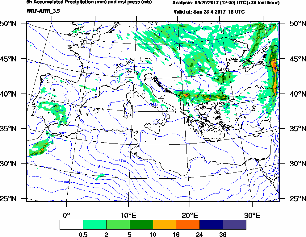 6h Accumulated Precipitation (mm) and msl press (mb) - 2017-04-23 12:00