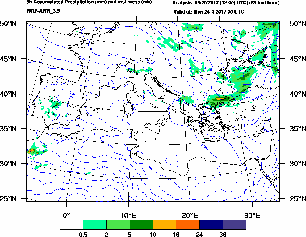 6h Accumulated Precipitation (mm) and msl press (mb) - 2017-04-23 18:00