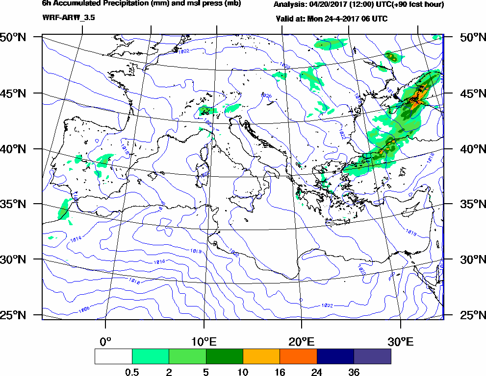 6h Accumulated Precipitation (mm) and msl press (mb) - 2017-04-24 00:00