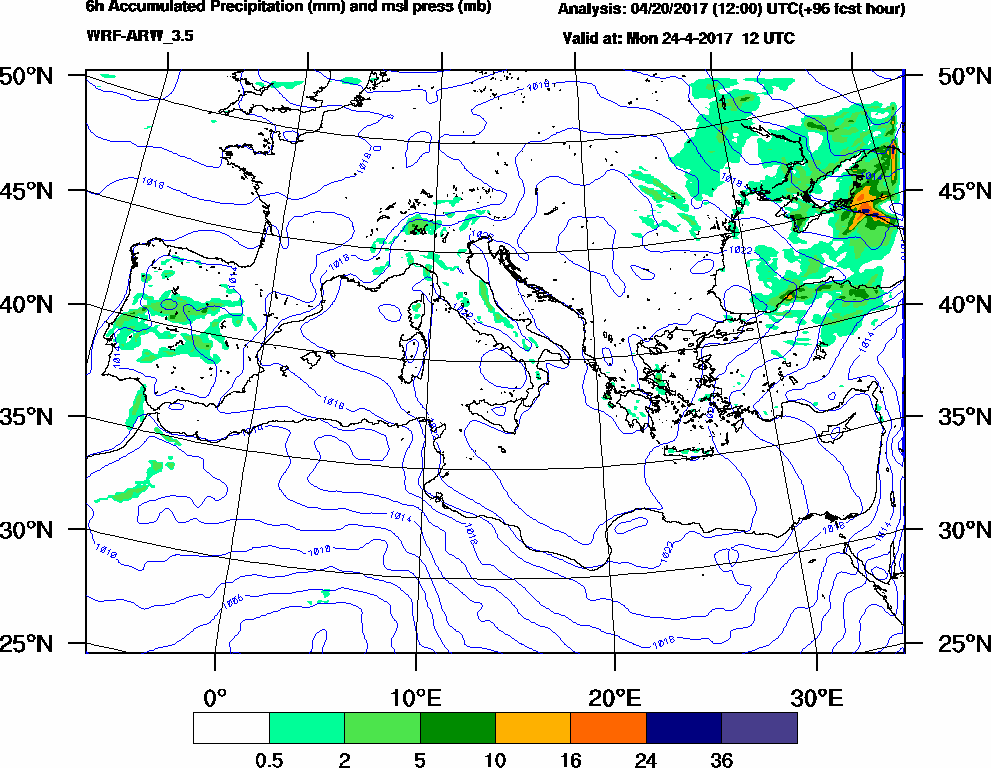 6h Accumulated Precipitation (mm) and msl press (mb) - 2017-04-24 06:00