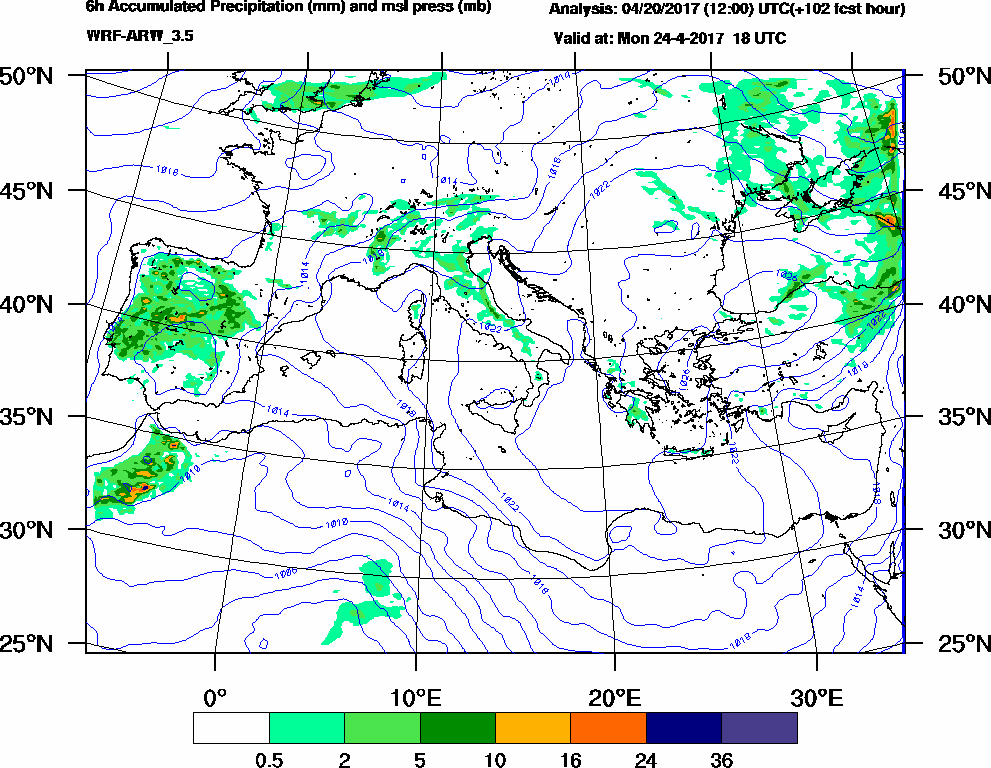 6h Accumulated Precipitation (mm) and msl press (mb) - 2017-04-24 12:00