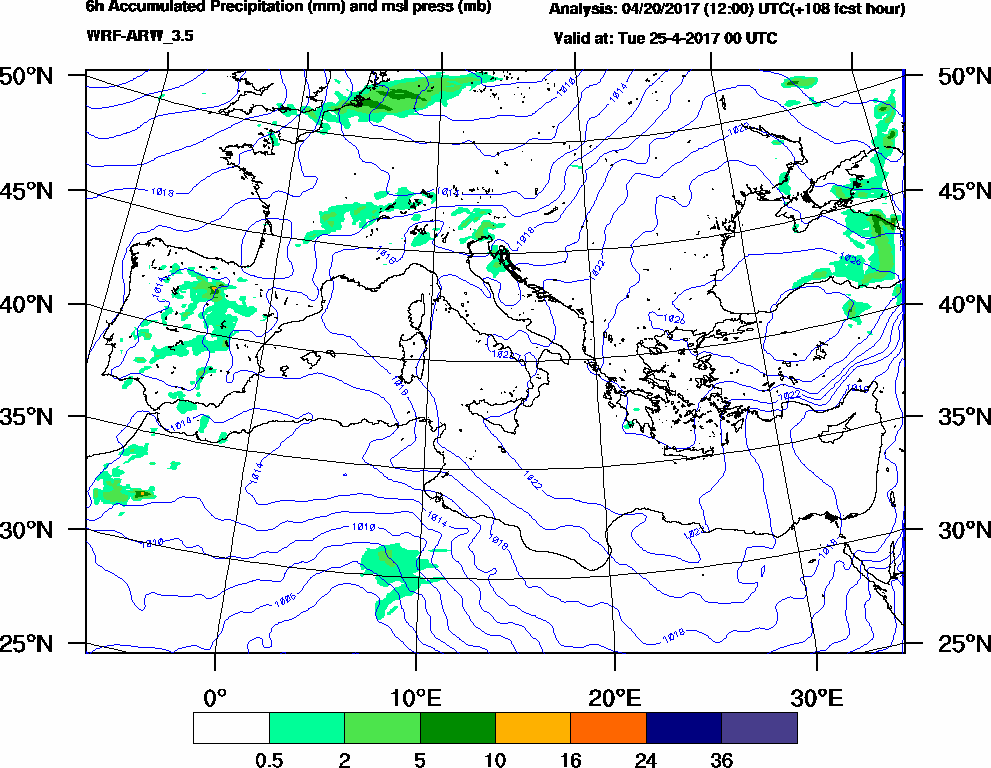 6h Accumulated Precipitation (mm) and msl press (mb) - 2017-04-24 18:00