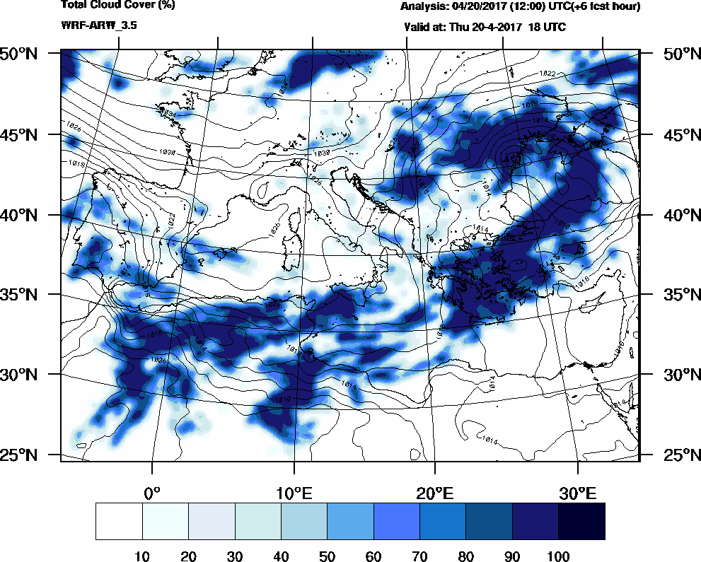 Total cloud cover (%) - 2017-04-20 12:00