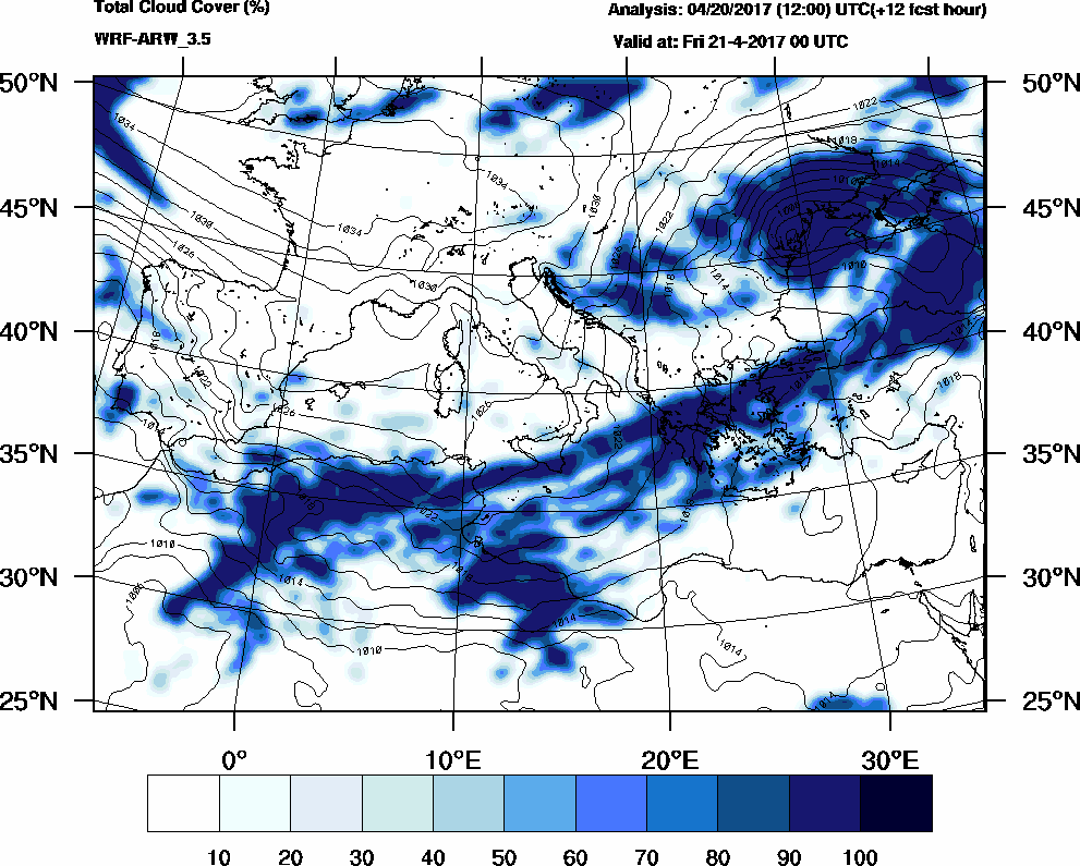 Total cloud cover (%) - 2017-04-20 18:00