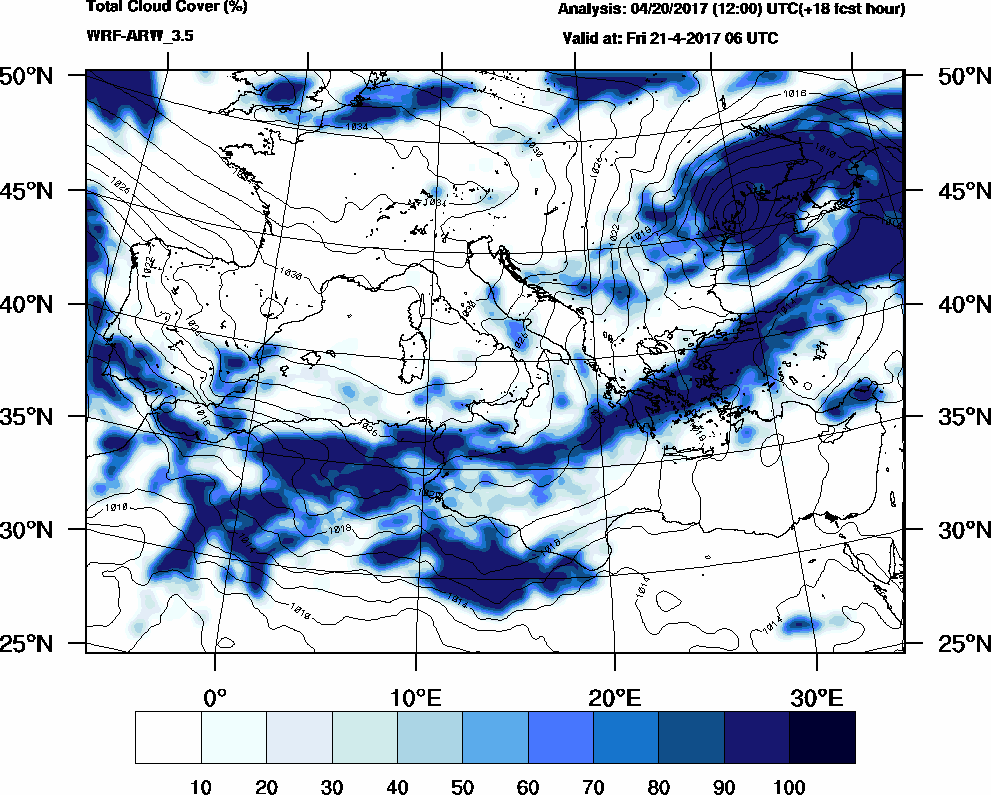 Total cloud cover (%) - 2017-04-21 00:00