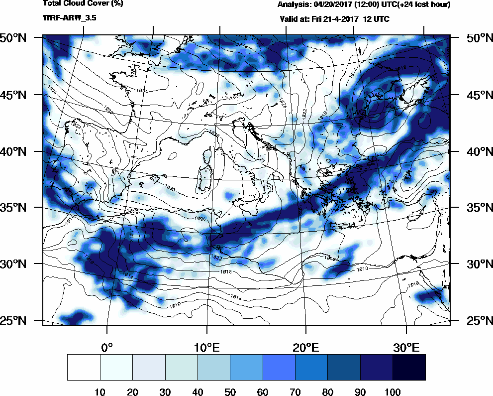 Total cloud cover (%) - 2017-04-21 06:00