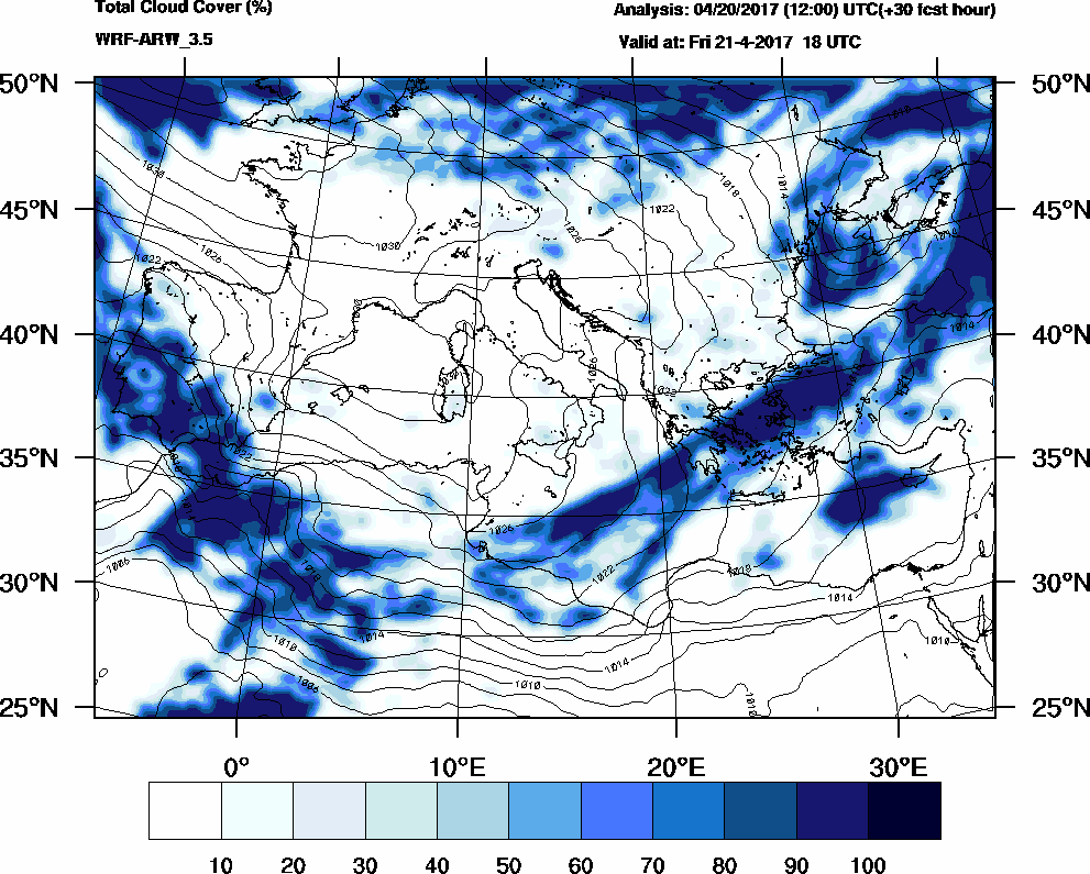 Total cloud cover (%) - 2017-04-21 12:00