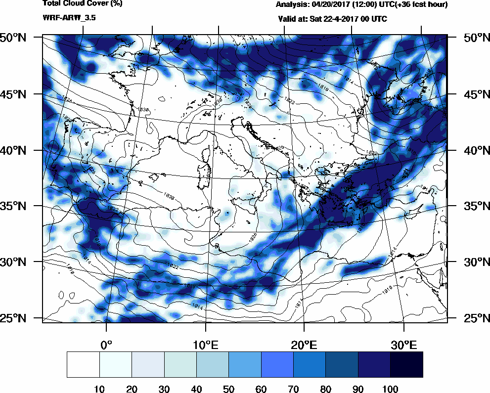 Total cloud cover (%) - 2017-04-21 18:00