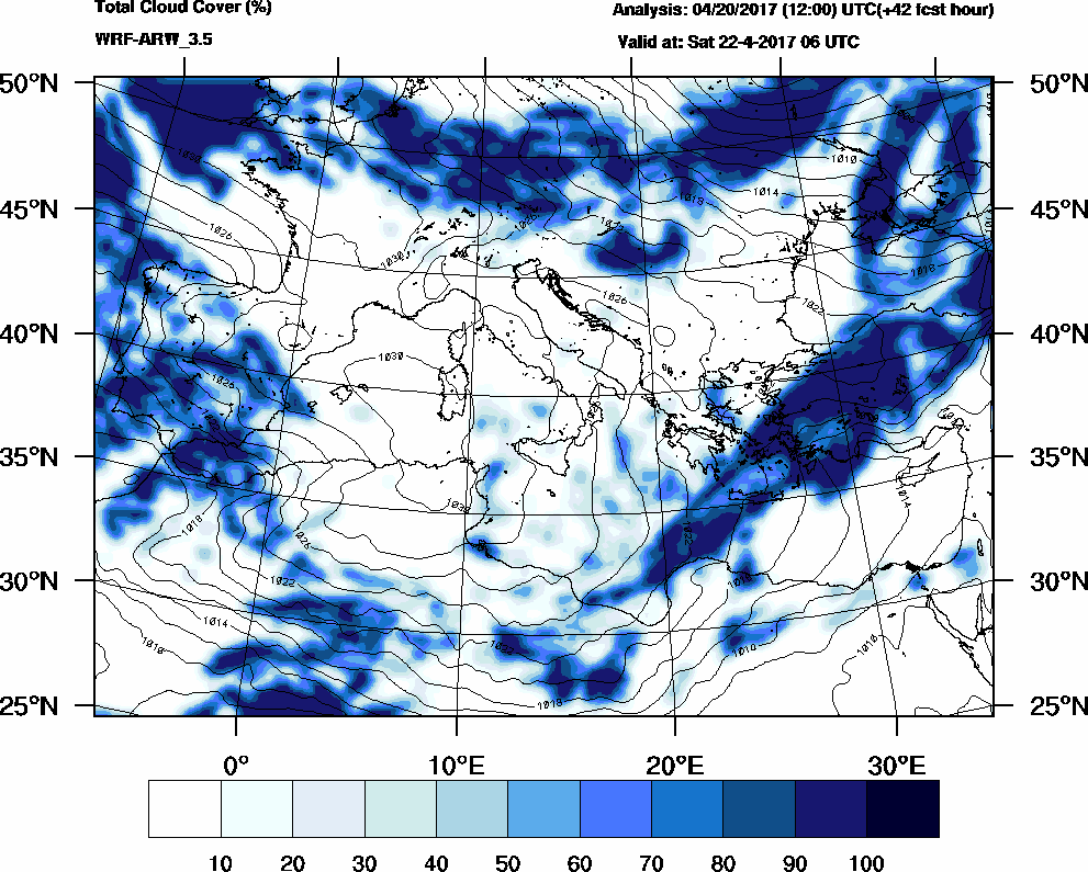 Total cloud cover (%) - 2017-04-22 00:00