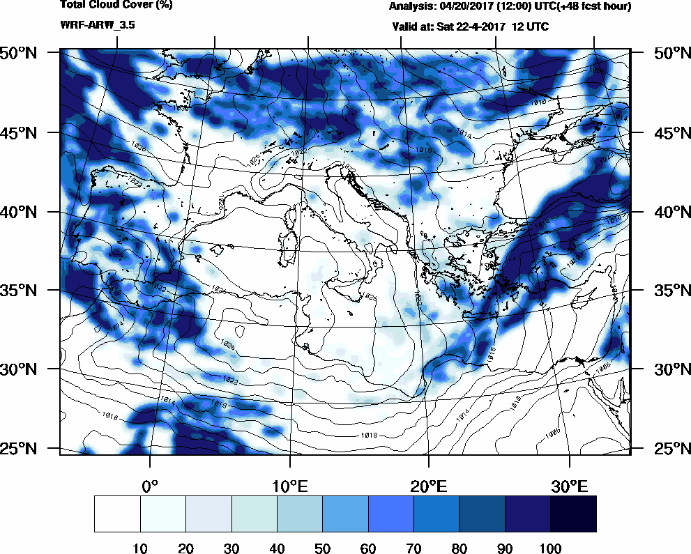 Total cloud cover (%) - 2017-04-22 06:00