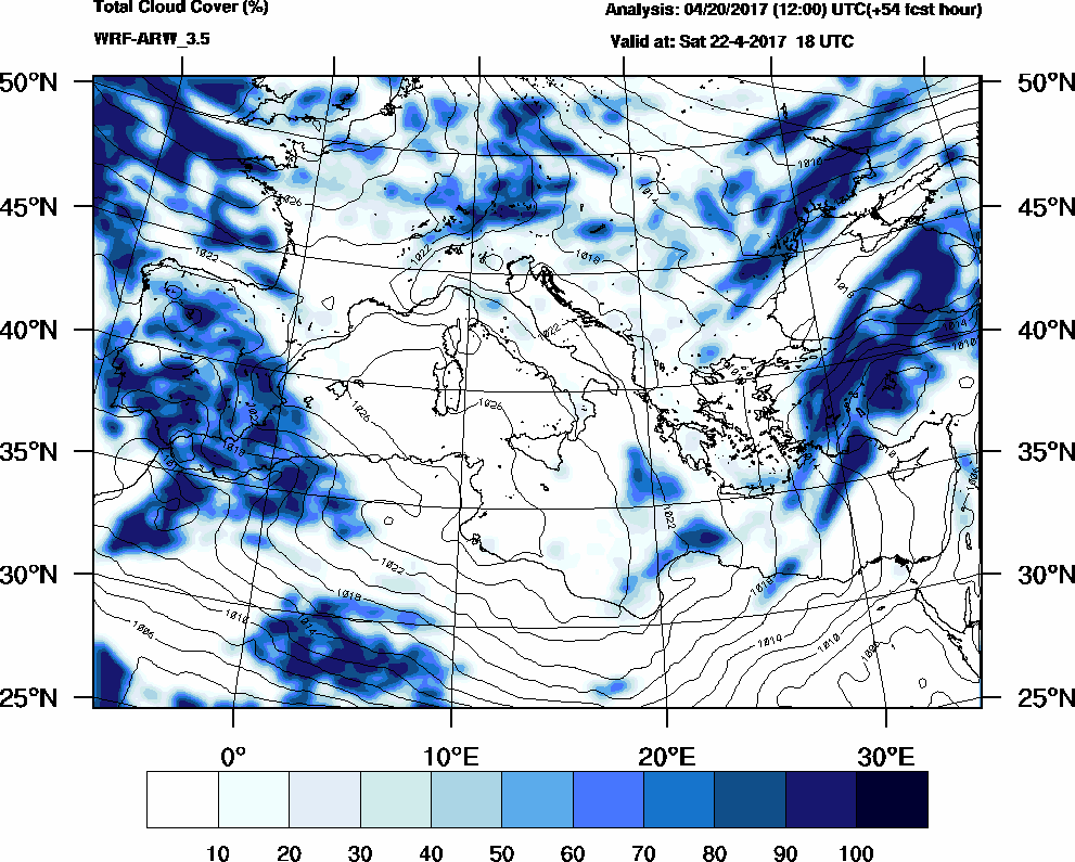 Total cloud cover (%) - 2017-04-22 12:00