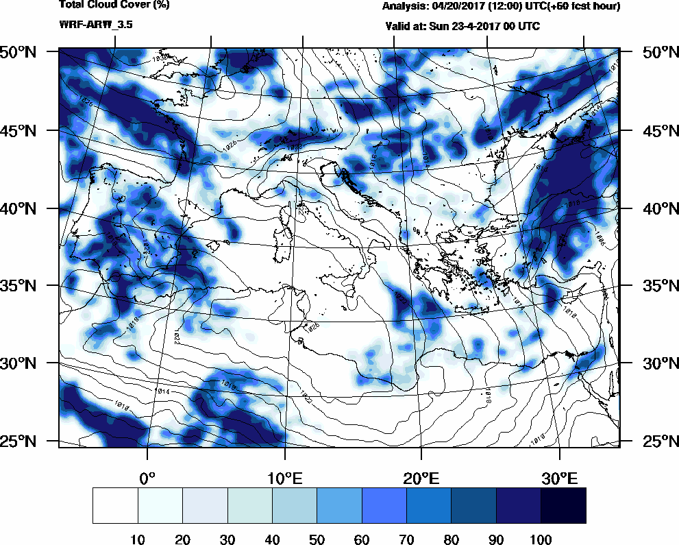 Total cloud cover (%) - 2017-04-22 18:00